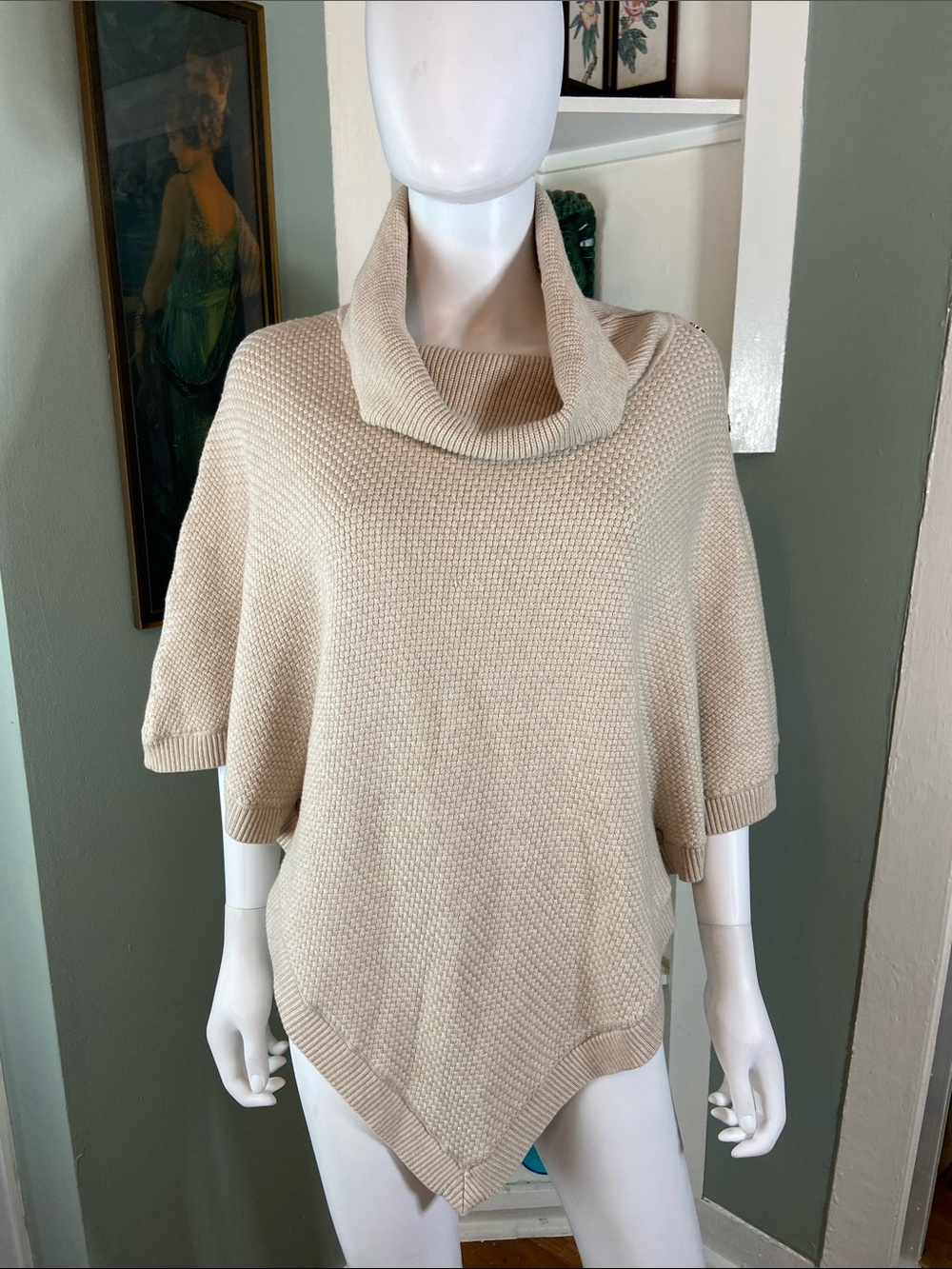 White House Black Market Beige Cowl-Neck Poncho Knit Sweater Wool Blend Medium M